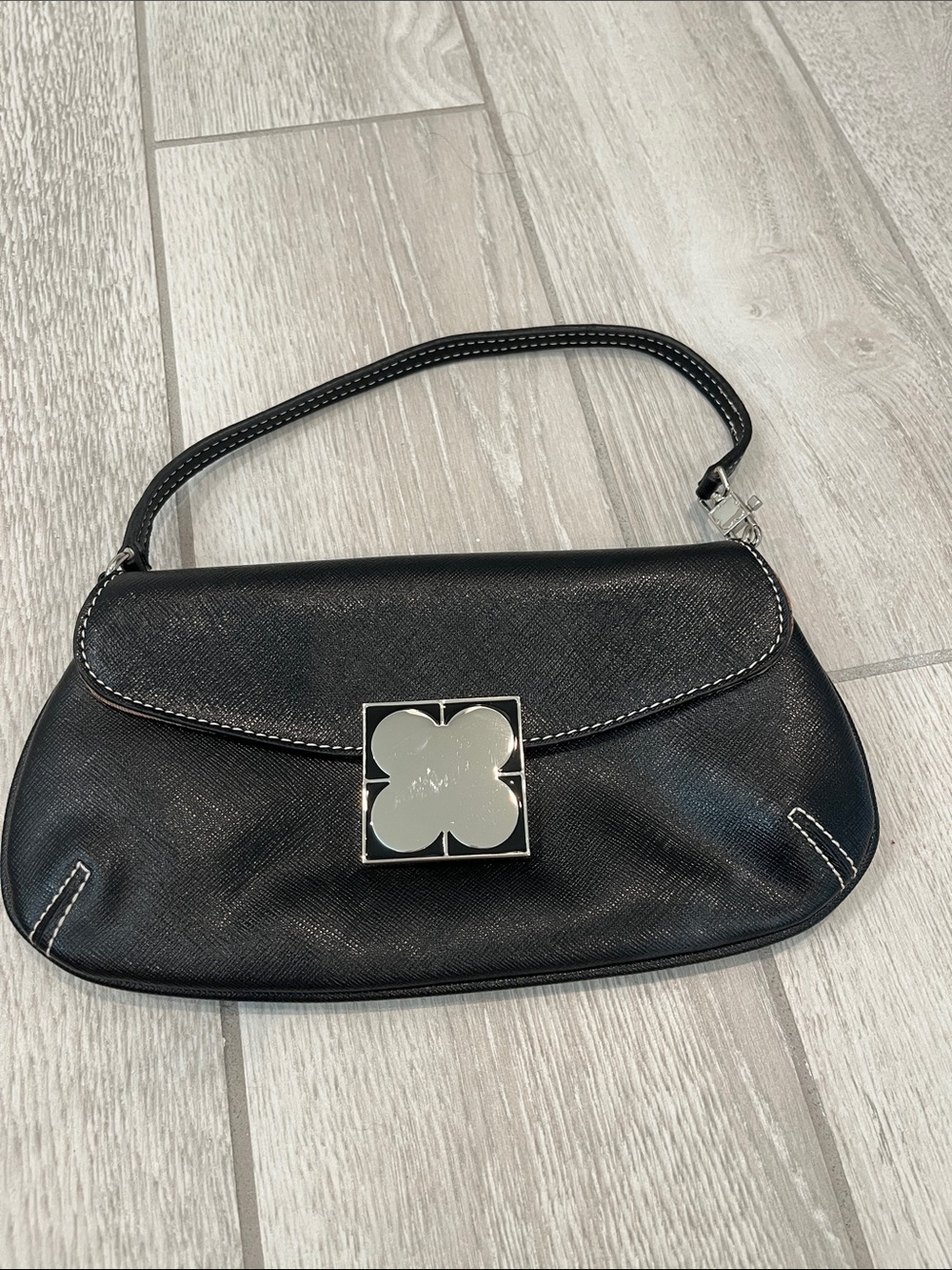 Liz Claiborne Black Shoulder Bag Vintage-Silver Hardware White Stitching